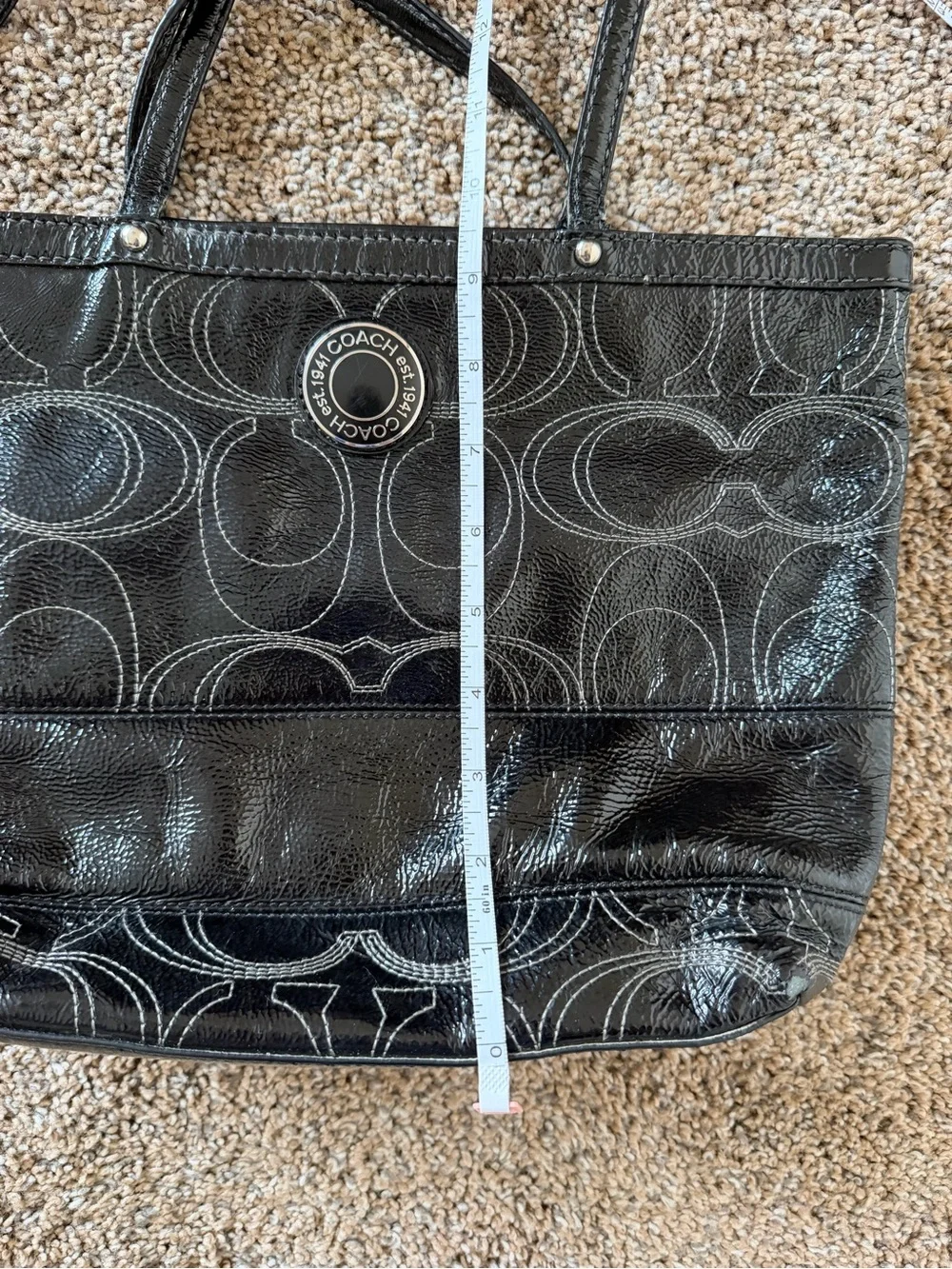 COACH F19198 Signature Sis Stitch Black Patent Leather Medium Tote Shoulder Bag